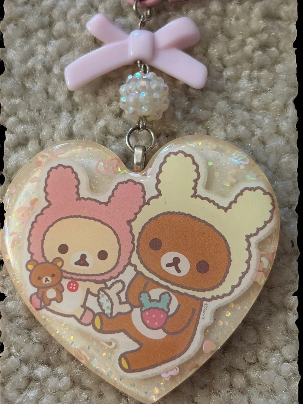 Pink Pom Pom Heart Shaped Resin Keychain with Cute Bears